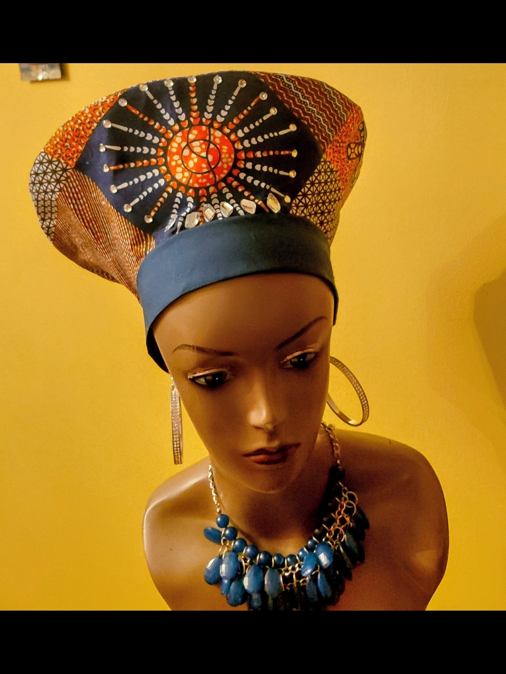 African Print Headwrap with Navy Headband - Unbranded